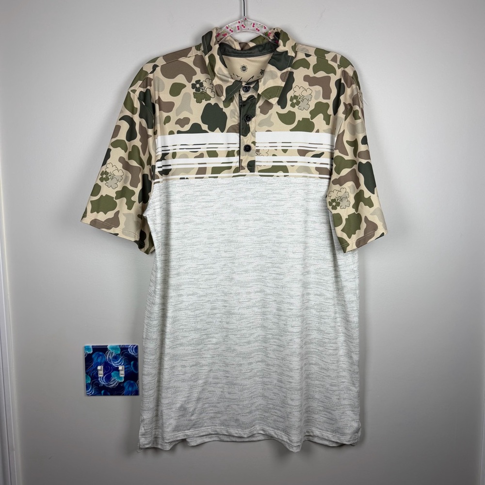 Sunday Crew Brown Camo Hidden Clover Golf Performance Polo Shirt Men’s XL UPF 50